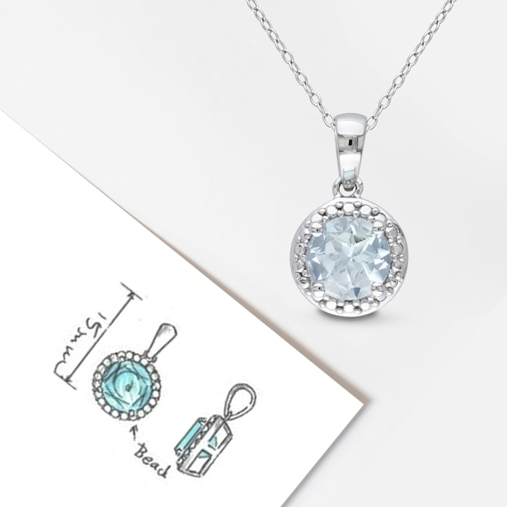 1 1/7 CT TGW Aquamarine Halo Pendant with Chain in Sterling Silver