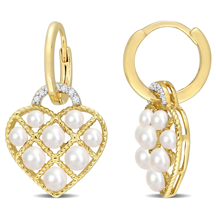 2.5-3MM Freshwater Cultured Pearl and Diamond Accent Heart Earrings in
Yellow Plated Sterling Silver
