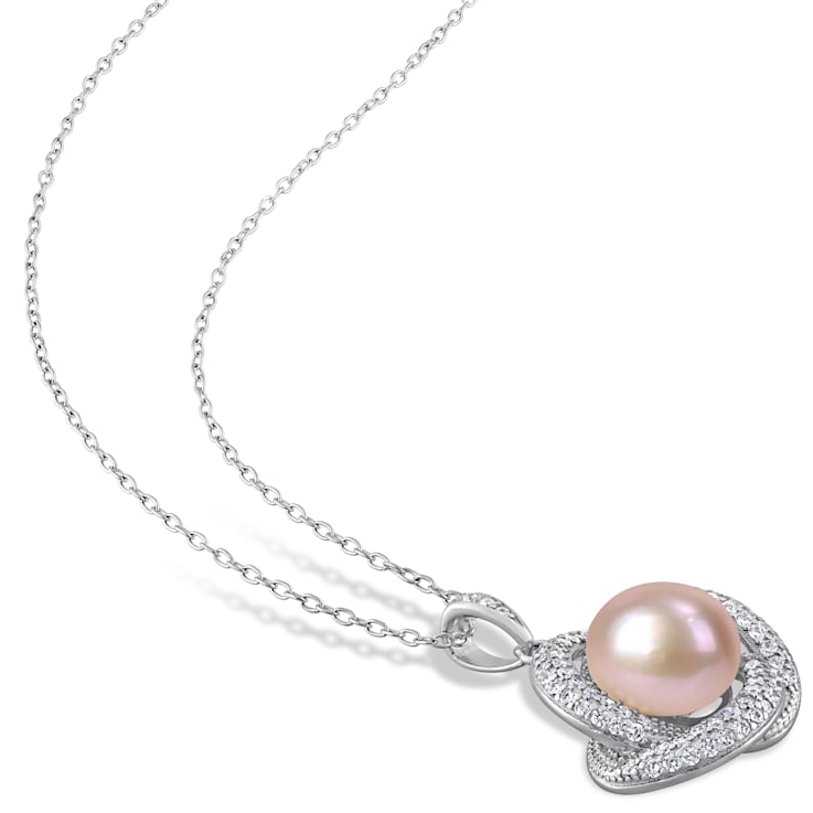 9.5-10.5MM Pink Freshwater Cultured Pearl & Cubic Zirconia Pendant
& Earrings Set in Sterling Silver
