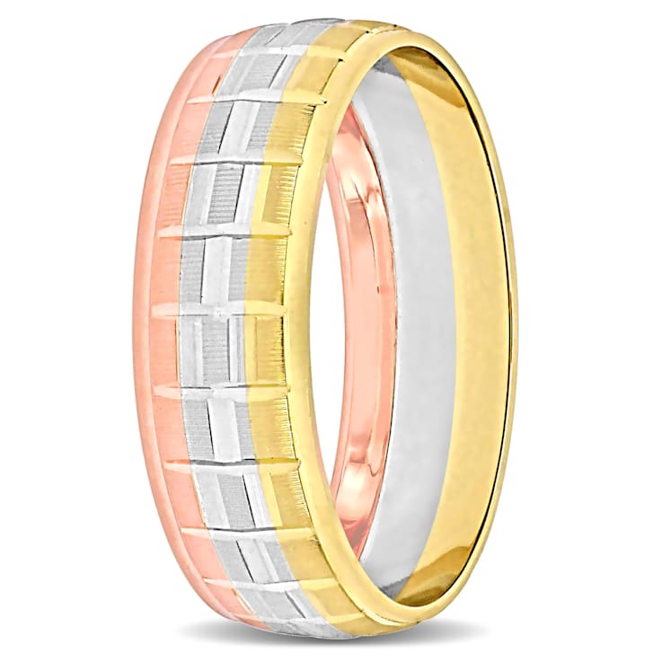 Ladies 6mm Matte Three Row Wedding Band in 10K 3-Tone Gold
