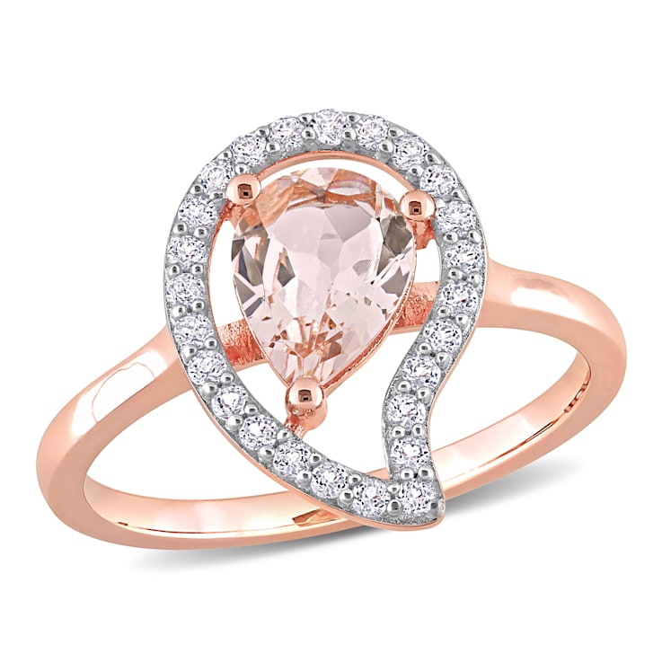 1 1/7 CTW Morganite and White Topaz Open Teardrop Ring in Rose Plated
Sterling Silver