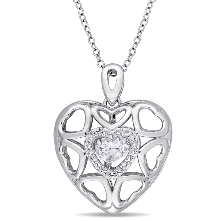 1 1/4 CTW White Topaz Heart Locket Pendant with Chain in Sterling Silver