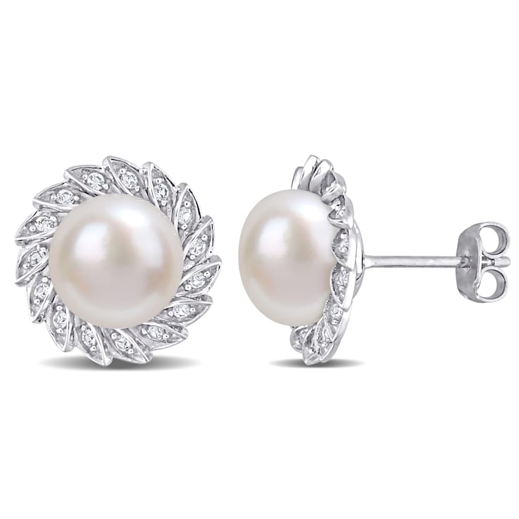 9.5-10MM Cultured Pearl and 1/3 CT TGW Created White Sapphire Halo Stud
Earrings in Sterling Silver