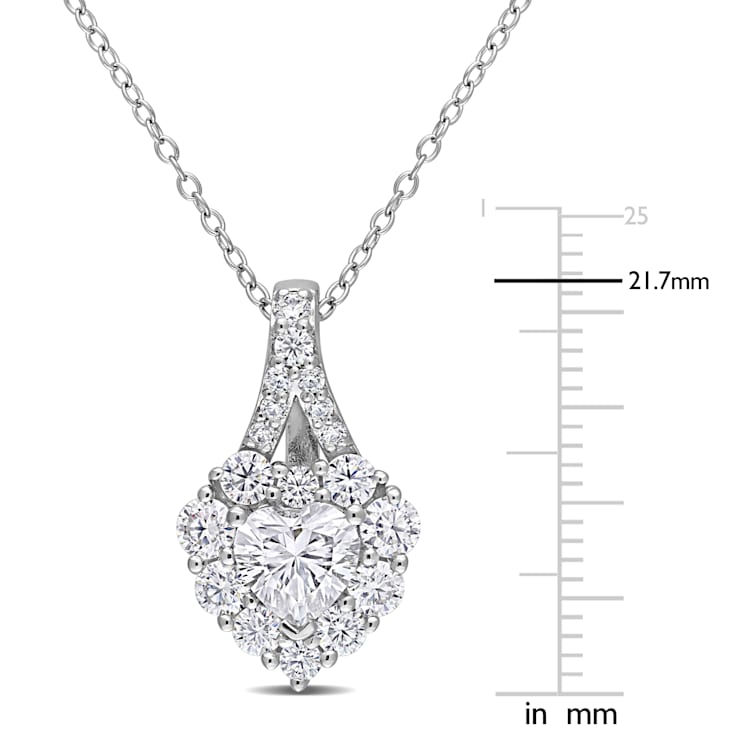 2 CT DEW Created Moissanite Halo Heart Pendant with Chain in Sterling Silver