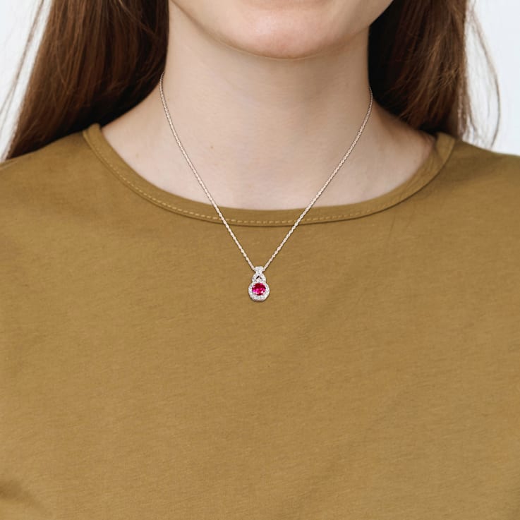 1 4/5 CT TGW  Created White Sapphire and Created Ruby Halo Pendant with
Chain in Sterling Silver