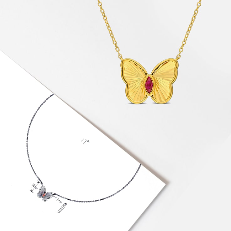 1/5 CT TGW Created Ruby Butterfly Necklace in Yellow Plated Sterling Silver