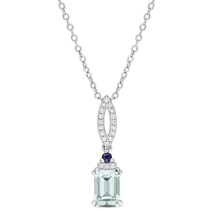 1 CT TGW Aquamarine, Blue Sapphire and 1/10 CT TDW Diamond Necklace in
Sterling Silver