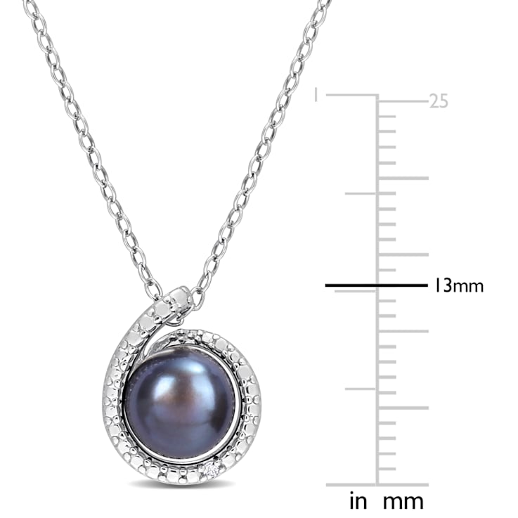 8-8.5MM Black Freshwater Cultured Pearl and Diamond Accent Pendant with
Chain in Sterling Silver