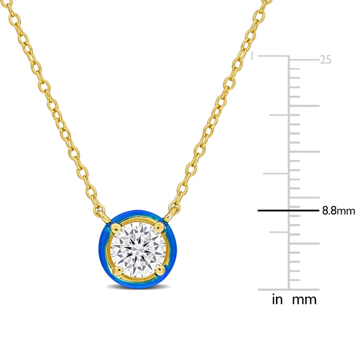 3/4 CT TGW Moissanite with Blue Enamel Halo Solitaire Necklace in Yellow
Plated Sterling Silver