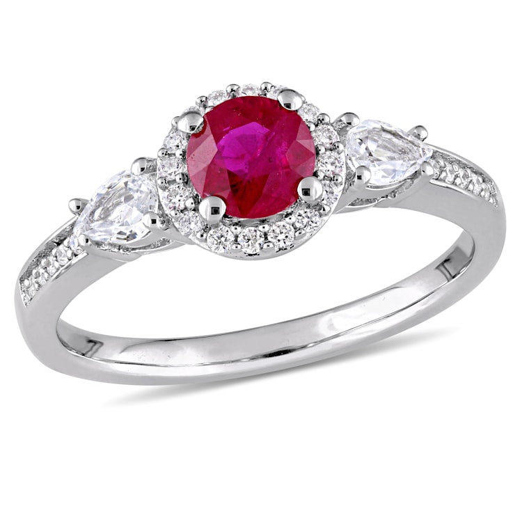 1 CT TGW Ruby and White Sapphire and 1/8 CT TW Diamond 3-Stone Ring Halo
in 14K White Gold