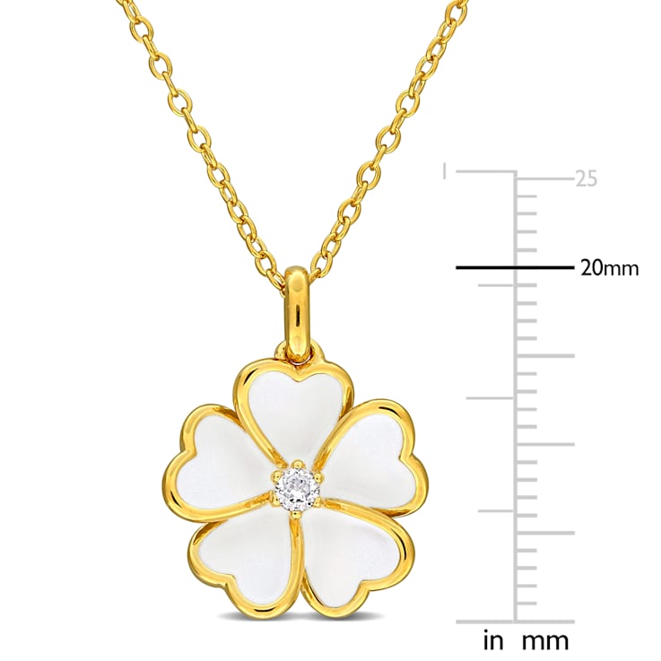 1/10 CT TGW White Topaz with White Enamel Flower Pendant with Chain in
Yellow Plated Sterling Silver