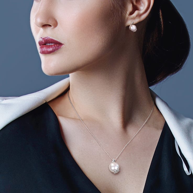 10-12.5MM Freshwater Cultured Pearl & Diamond Stud Earrings &
Pendant Set in Sterling Silver