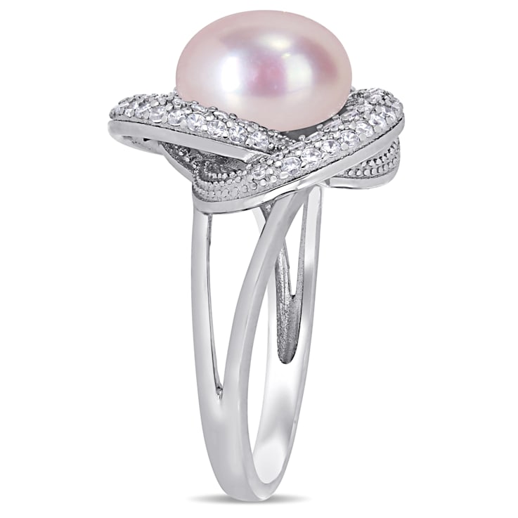 10.5 -11MM Pink Freshwater Cultured Pearl and 3/4 CT TGW Cubic Zirconia
Ring in Sterling Silver