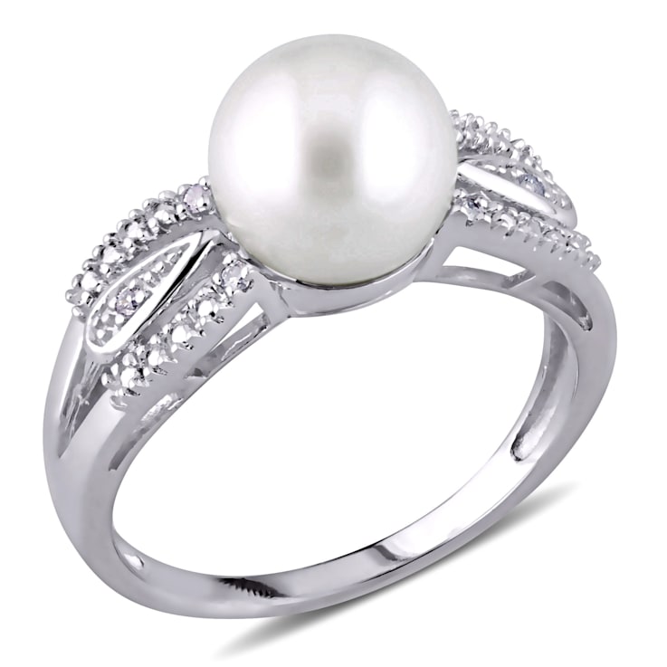 9-9.5MM Freshwater Cultured Pearl and Diamond Split Shank Ring in
Sterling Silver