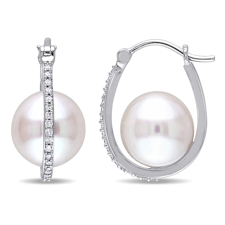 9.5-10MM Freshwater Cultured Pearl and 1/7 CT TW Diamond Hoop Earrings
in 10K White Gold