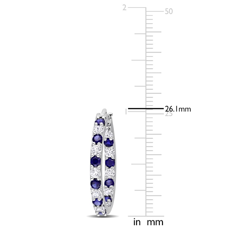 3 5/8 CT TGW Created Blue and White Sapphire Hoop Earrings in Sterling Silver