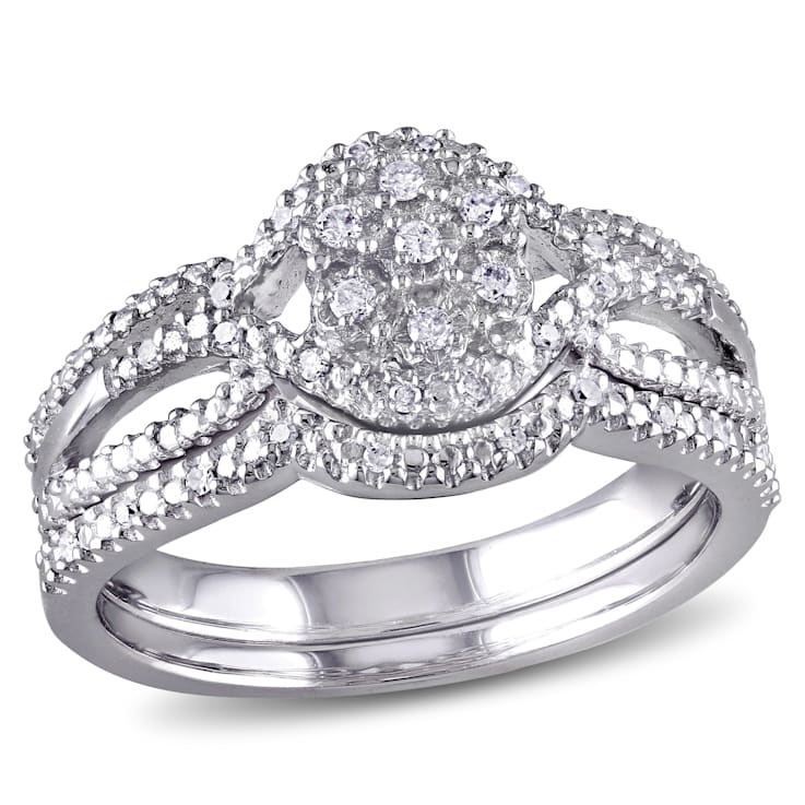 1/7 CT TW Diamond Cluster Split Shank Bridal Set in Sterling Silver