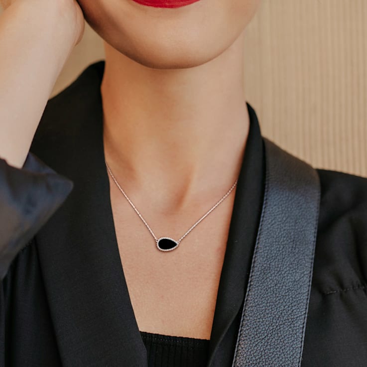 4 CT TGW Black Agate Necklace with Beaded Halo in Sterling Silver