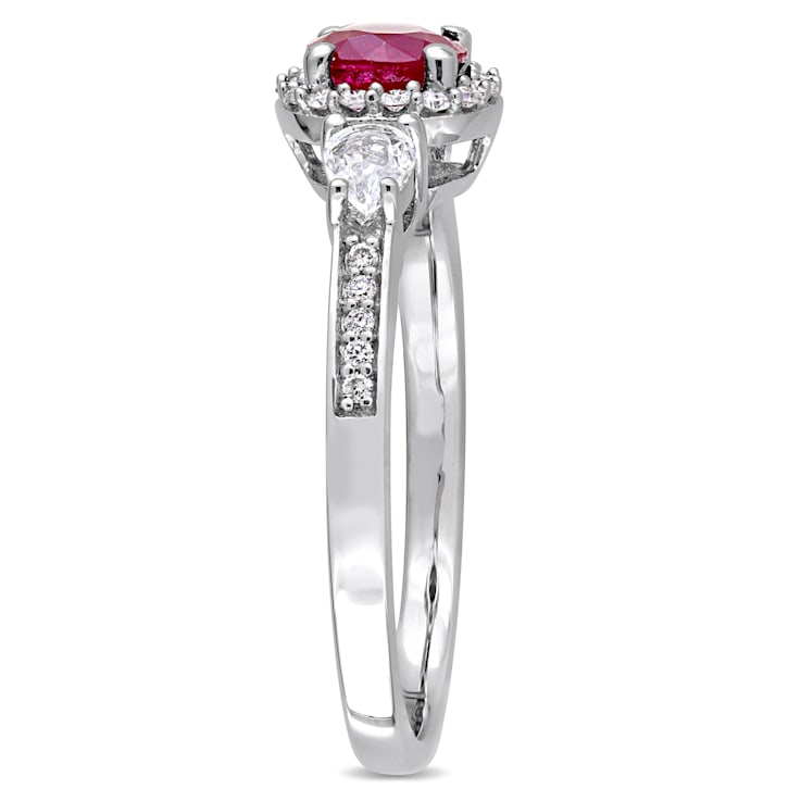 1 CT TGW Ruby and White Sapphire and 1/8 CT TW Diamond 3-Stone Ring Halo
in 14K White Gold