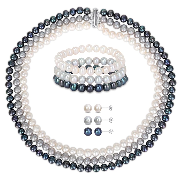 7.5-8MM Multi-Color Freshwater Cultured Pearls Necklace, Bracelet &
Earrings Set in Sterling Silver