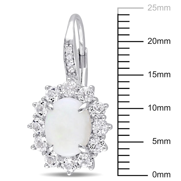3 7/8 CT TGW Opal, White Topaz and Diamond Halo Leverback Earrings in
Sterling Silver