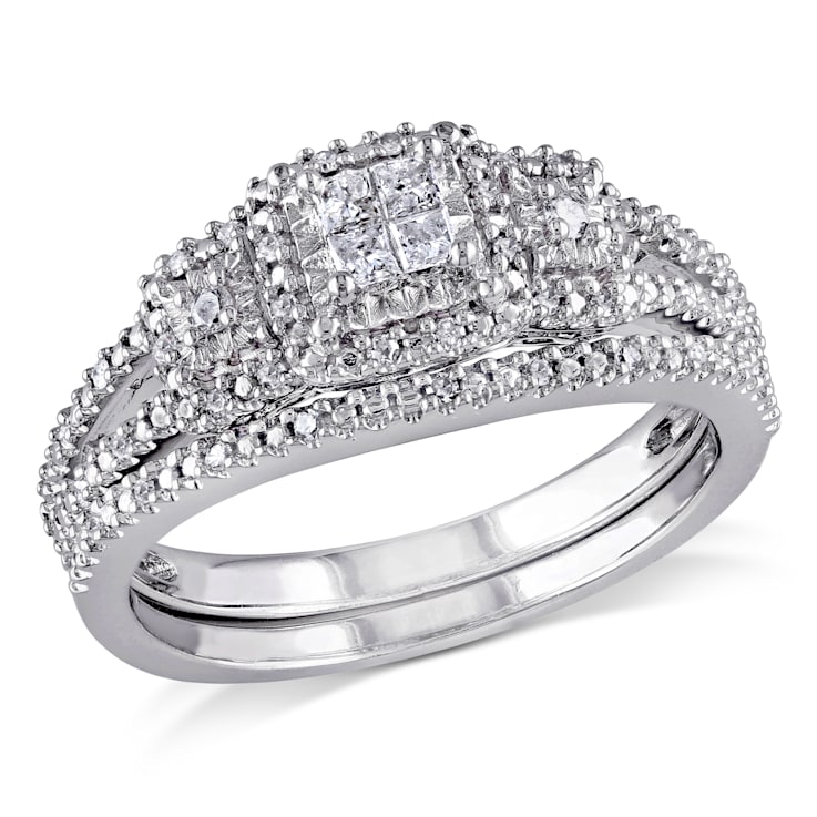 1/4 CT TW Princess Cut Diamond Quad Split Shank Bridal Set in Sterling Silver