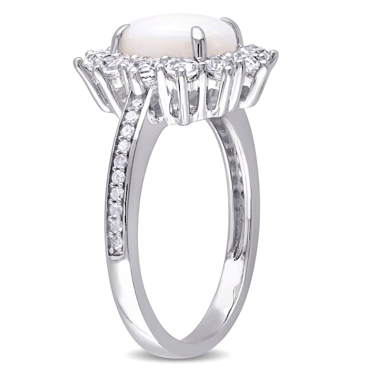2 CT TGW Opal, White Topaz and 1/10 CT TW Diamond Halo Ring in Sterling Silver