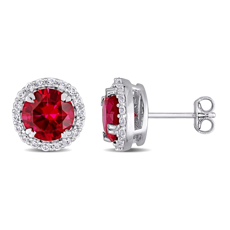 5 1/2 CT TGW Created Ruby and Created White Sapphire Circular Halo Stud
Earrings in Sterling Silver