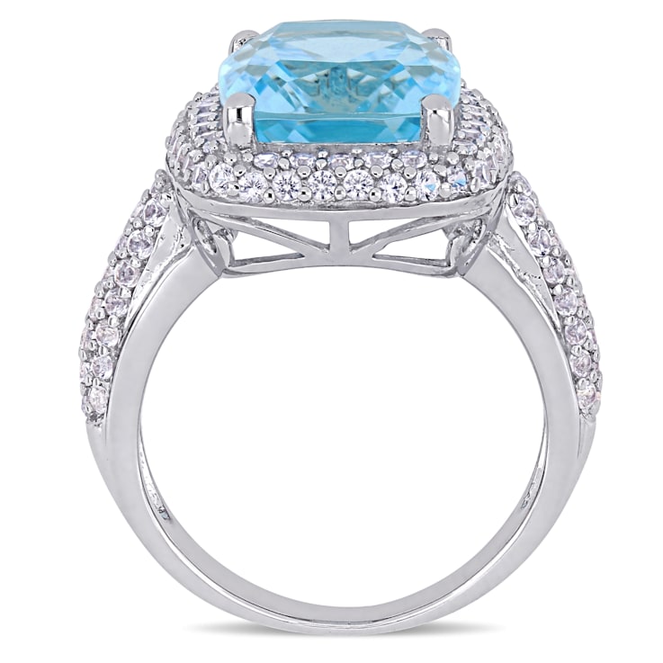 7 1/4 CT TGW Sky Blue Topaz and Created White Sapphire Double Halo Ring
in Sterling Silver