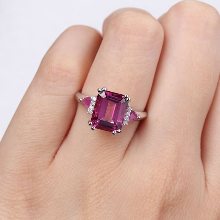 4 1/2ct TGW Pink Topaz & Trilliant-Cut Ruby Diamond Accent 3Stone
Ring in Sterling Silver