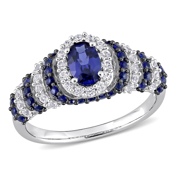 1 1/2 CT TGW Created Blue and White Sapphire Vintage Ring in Sterling Silver