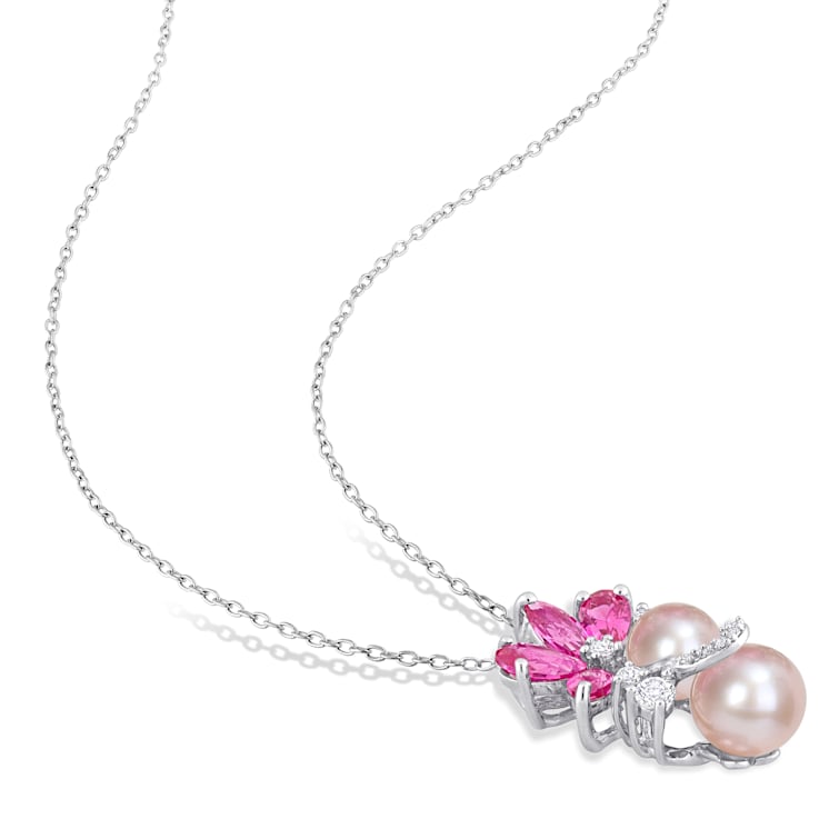 7-9MM Pink Freshwater Cultured Pearl and 3 1/8 CT TGW Created Sapphire
Pendant in Sterling Silver