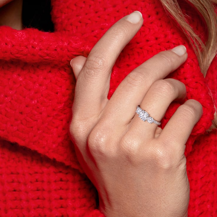 1-3/8 CT DEW Created Moissanite 3-Stone Engagement Ring in 10K White Gold