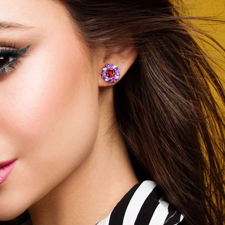 8-7/8ctw Garnet and Amethyst Floral Earrings in Sterling Silver