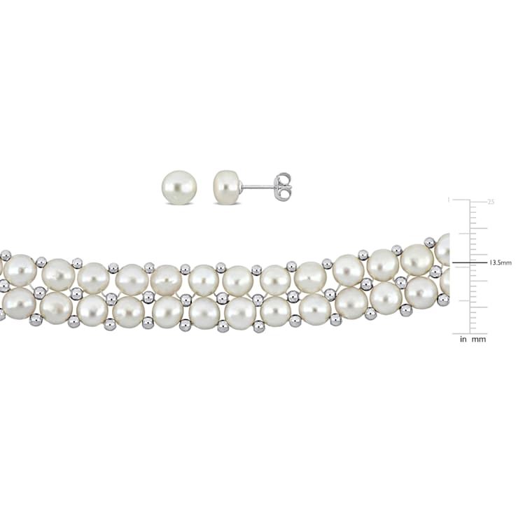 6-8MM Freshwater Cultured Pearl & Bead Double Row Strand, Bracelet
& Earrings Set in Sterling Silver