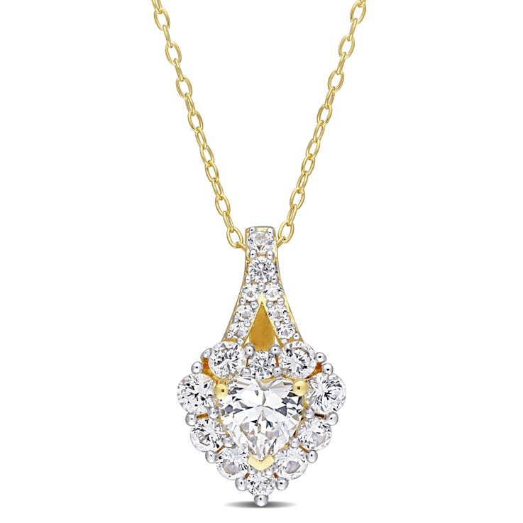 2 7/8 CT TGW Created White Sapphire Halo Heart Pendant With Chain in
Yellow Plated Sterling Silver