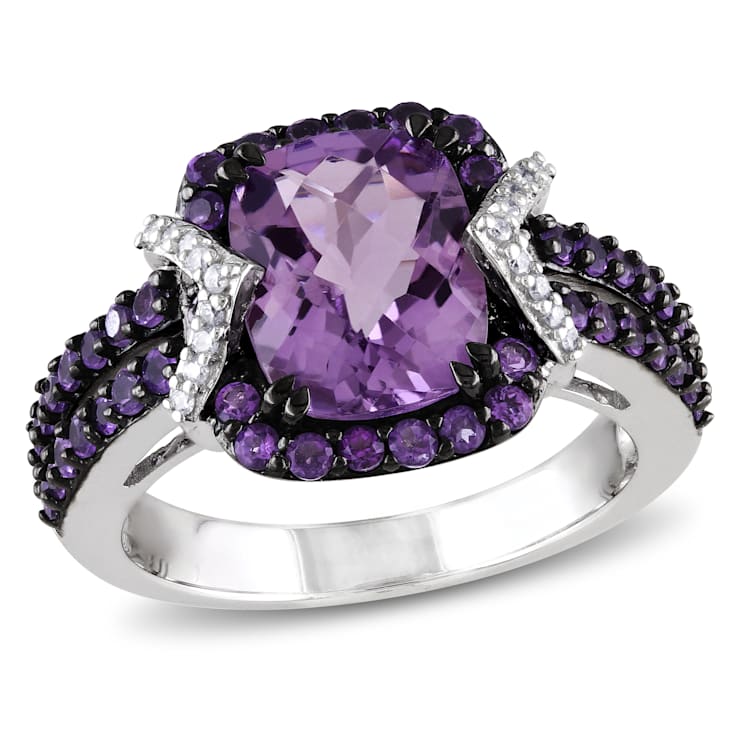 3 1/3 CT TGW Amethyst and  1/10 CT TW Diamond Halo Ring in Sterling
Silver with Black Rhodium