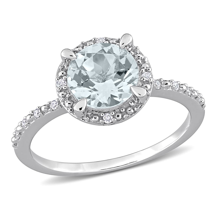 1 1/7 CT TGW Aquamarine and Diamond Accent Halo Ring in Sterling Silver