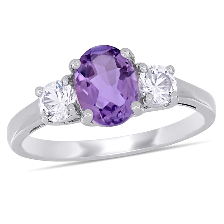 1 4/5 CT TGW Amethyst and Created White Sapphire 3-Stone Ring in
Sterling Silver
