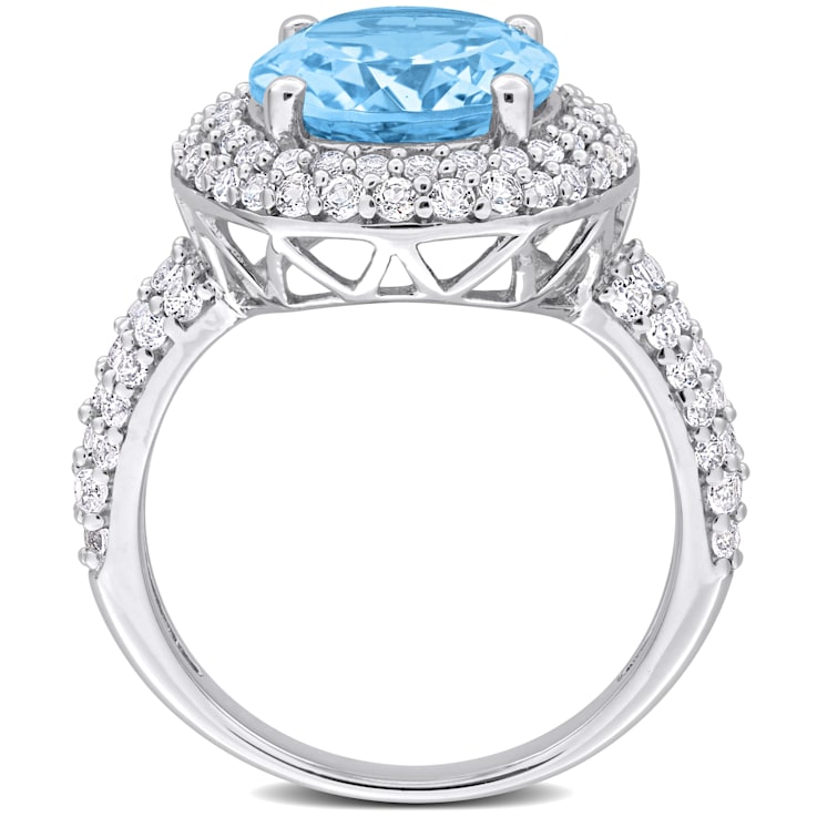 7 CT TGW Sky Blue Topaz and White Topaz Double Halo Ring in Sterling Silver