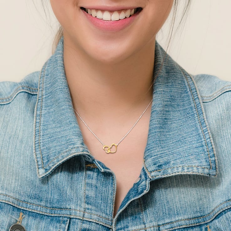 Double Heart Charm Necklace in 2-Tone Sterling Silver