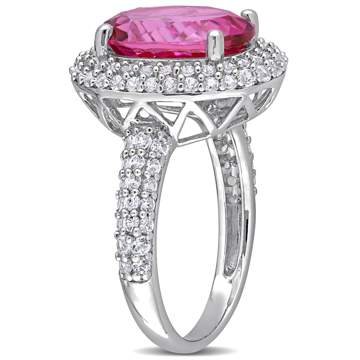 7 1/7 CT TGW Pink Topaz and Created White Sapphire Double Halo Cocktail
Ring in Sterling Silver
