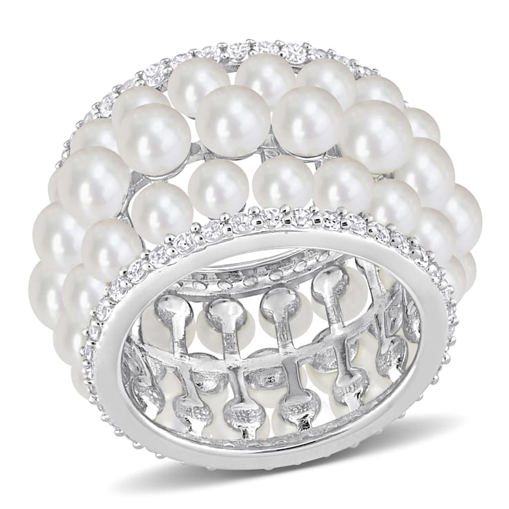 3-4MM Freshwater Cultured Pearl & 1 3/5 CT TGW Created White
Sapphire Ring in Sterling Silver