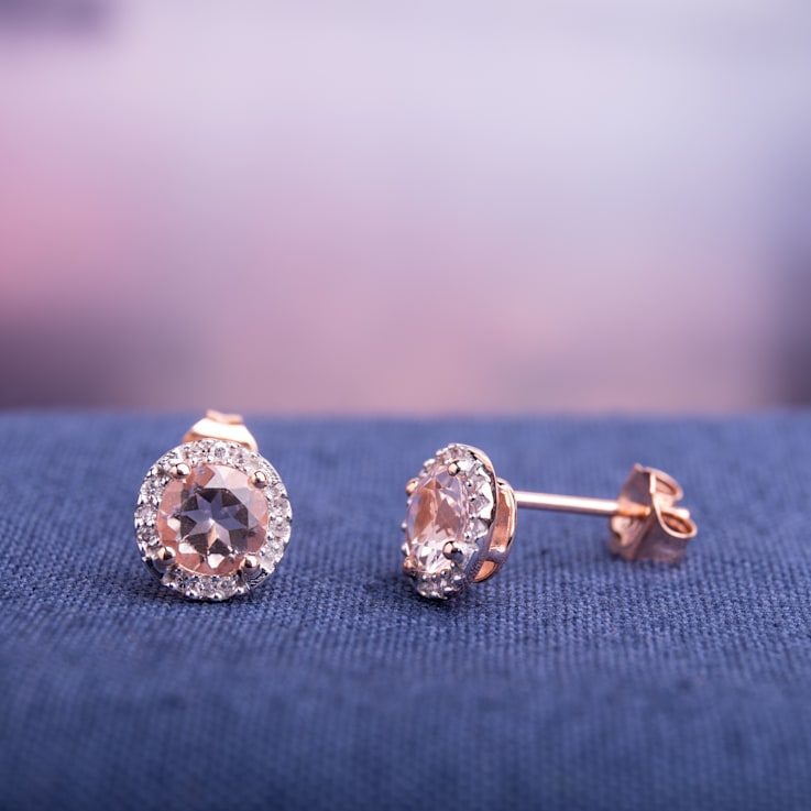 1ct Morganite and Diamond Halo Stud Earrings in Rose Plated Sterling Silver
