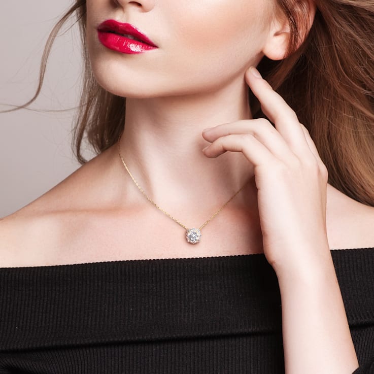 1 7/8 CT TGW Created White Sapphire Halo Necklace in Yellow Plated
Sterling Silver