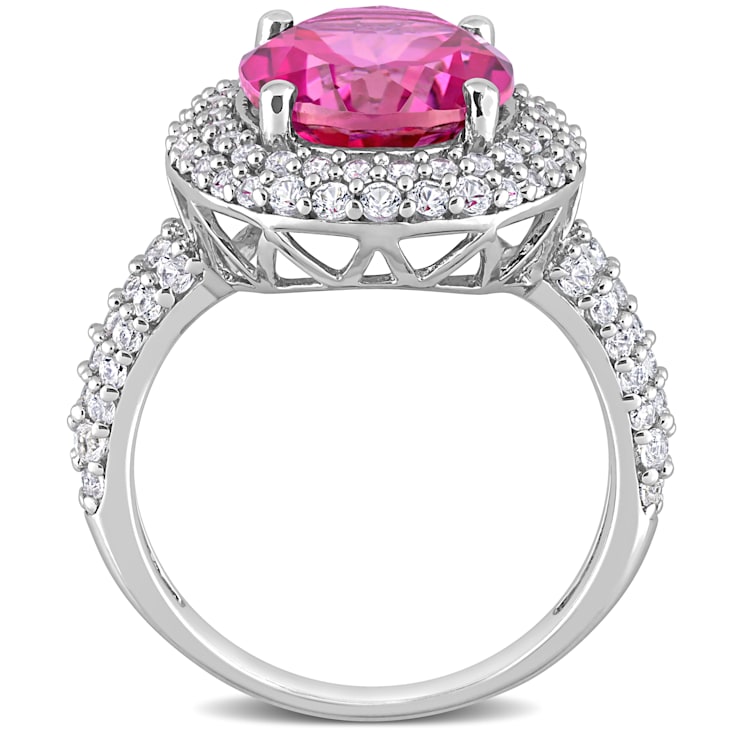 7 1/7 CT TGW Pink Topaz and Created White Sapphire Double Halo Cocktail
Ring in Sterling Silver