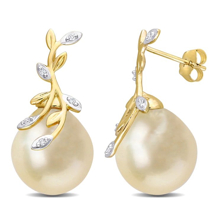 12-12.5MM Golden South Sea Cultured Pearl and Diamond Accent Earrings in
14K Yellow Gold