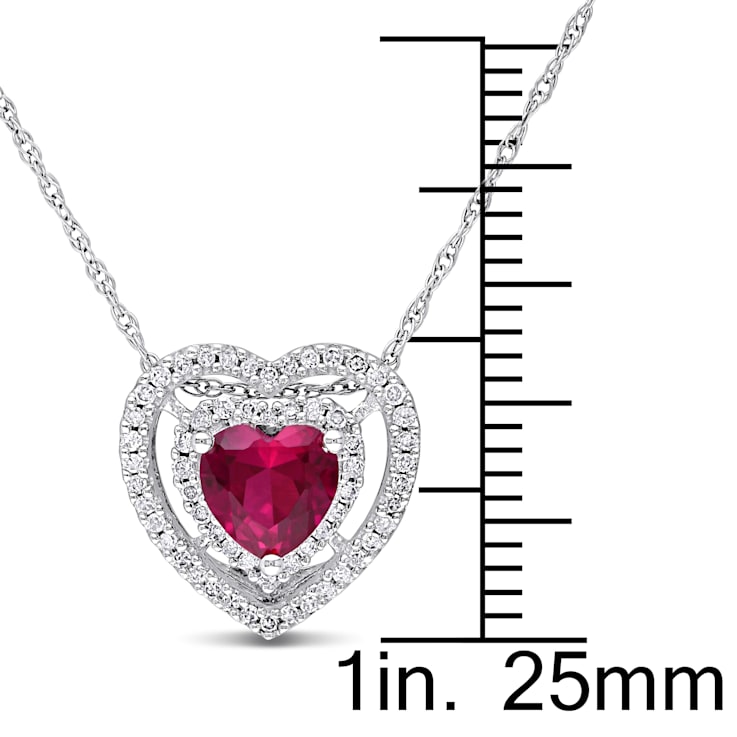 1 CT TGW Created Ruby and 1/5 CT TW Diamond Double Halo Heart Pendant
with Chain 10K White Gold
