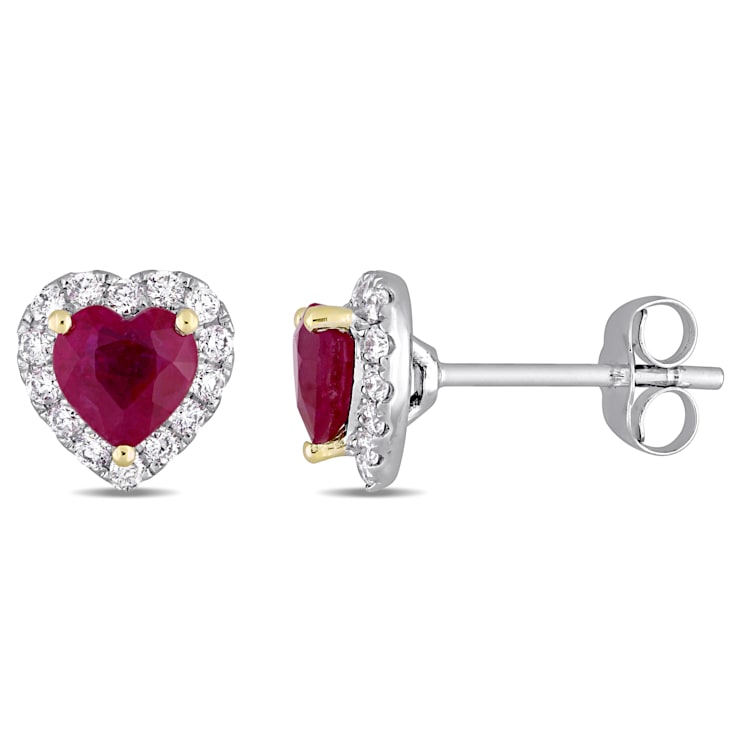 1 1/8 CT TGW Ruby and 1/3 CT TW Diamond Halo Stud Earrings in 14K White
Gold with Yellow Gold Prongs
