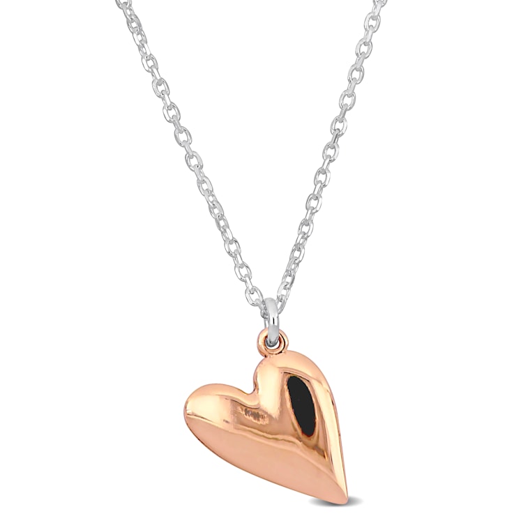 Pink Heart Charm with Cable Chain Necklace in 2-Tone Sterling Silver
